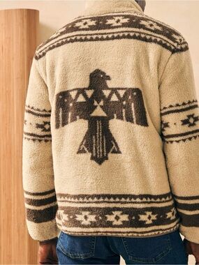 Faherty Beige Sherpa Zip-Up Jacket with Brown Thunderbird Motif